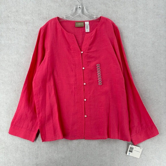 Liz Claiborne 100% Linen Top XL Hot Pink Pearl Button Up‎ Shirt Laganlook - Picture 1 of 14